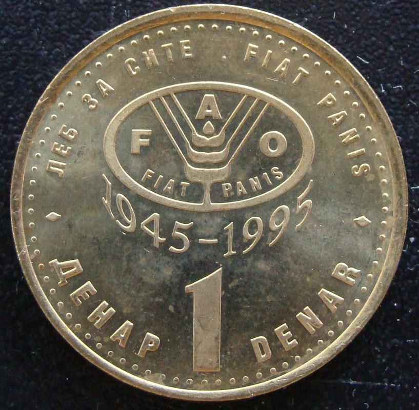 1 Denar. Macedonia (1995) 50 Aniversario de la FAO MCD-1-Denar-1995-50-aniversario-FAO-rev