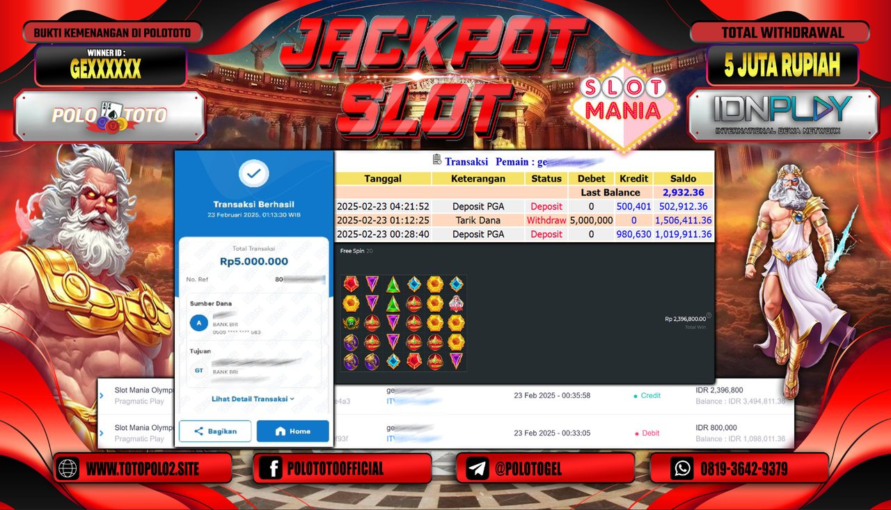 POLOTOTO JACKPOT SLOT MANIA OLYMPUS Rp.5.000.000,-