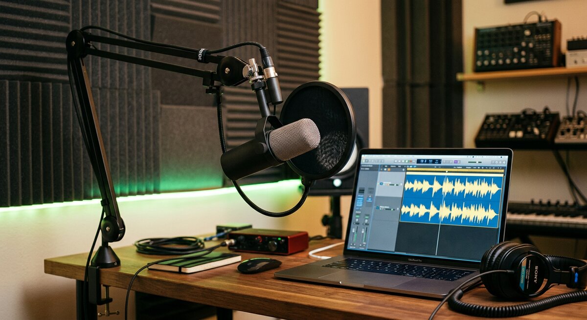 Home studio microphone and headphones showing how to hire a voice over artist on Fiverr Home studio microphone and headphones showing how to hire a voice over artist on Fiverr