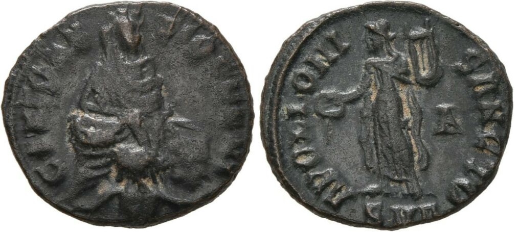 1/4 de nummus atribuido al reinado de Maximino II. APOLLONI SANCTO. Antioquía Maximino-ii-ant-a