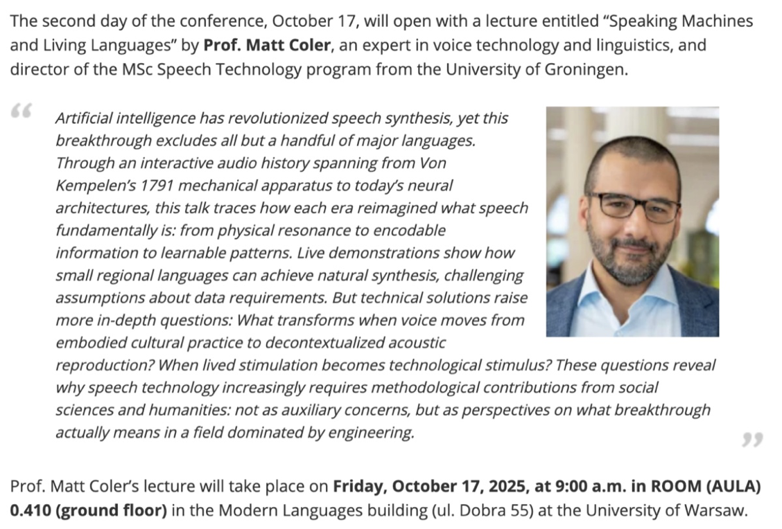 Speaking Machines and Living Languages keynote at University of Warsaw