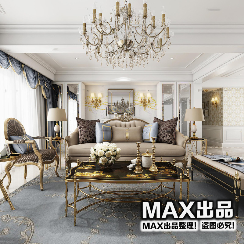 欧式客厅沙发茶??吊灯3D模型ID：302903-1