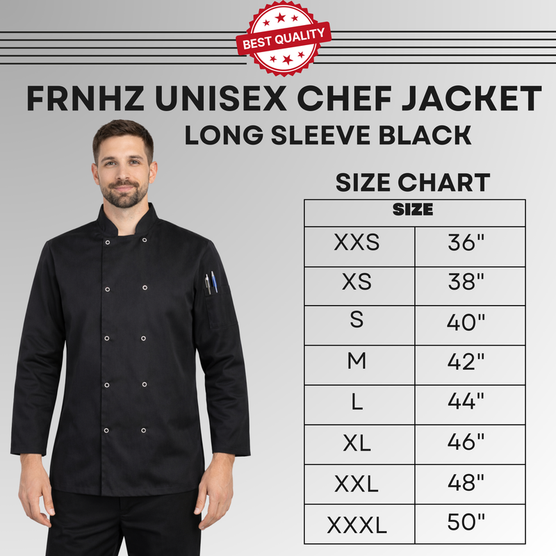 Chef Jacket Long Sleeve Black Size Chart