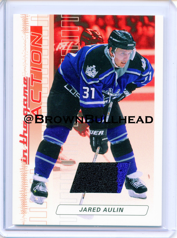 2003-04 ITG Action Jerseys #M-003 [Jared Aulin] [Los Angeles Kings] [Ruby] [~500] [swatch=black blue