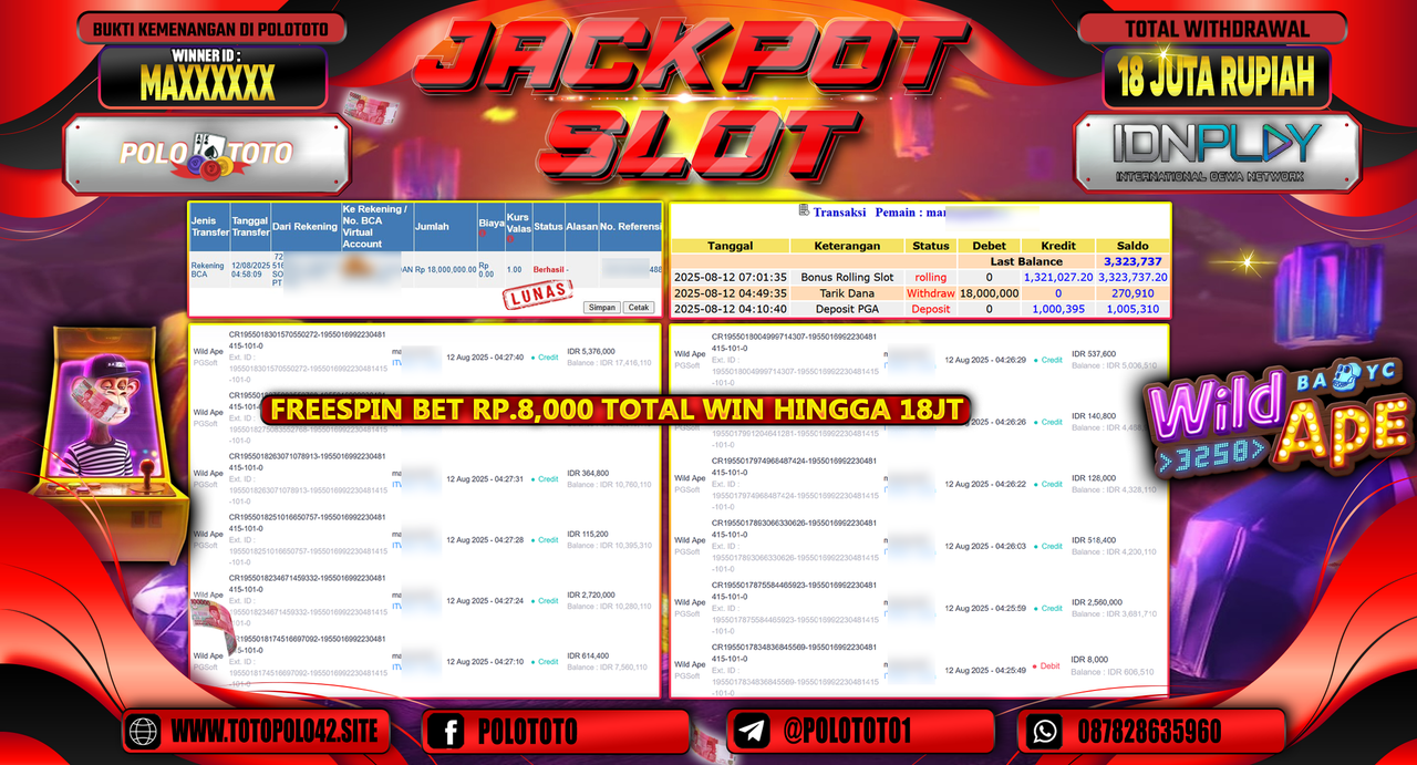 POLOTOTO JACKPOT SLOT WILD APE Rp.18.000.000,-LUNAS