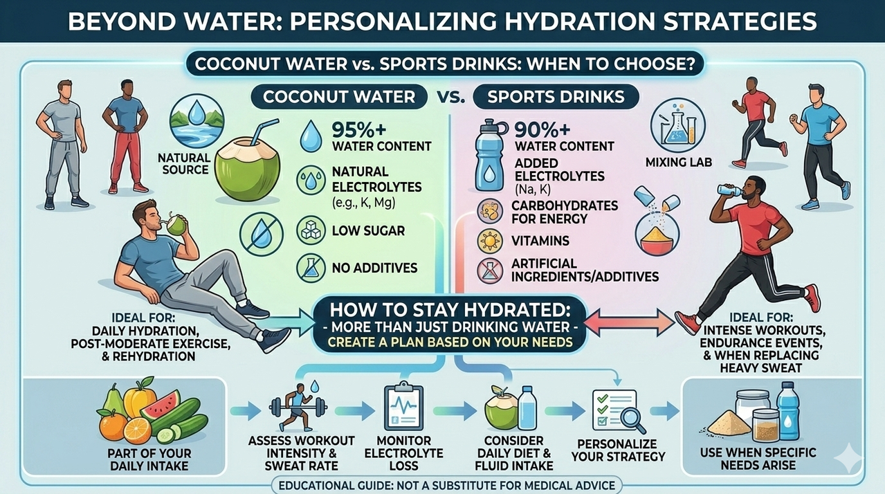 Comparison of coconut water and sports drink for how to stay hydrated more than just drinking water