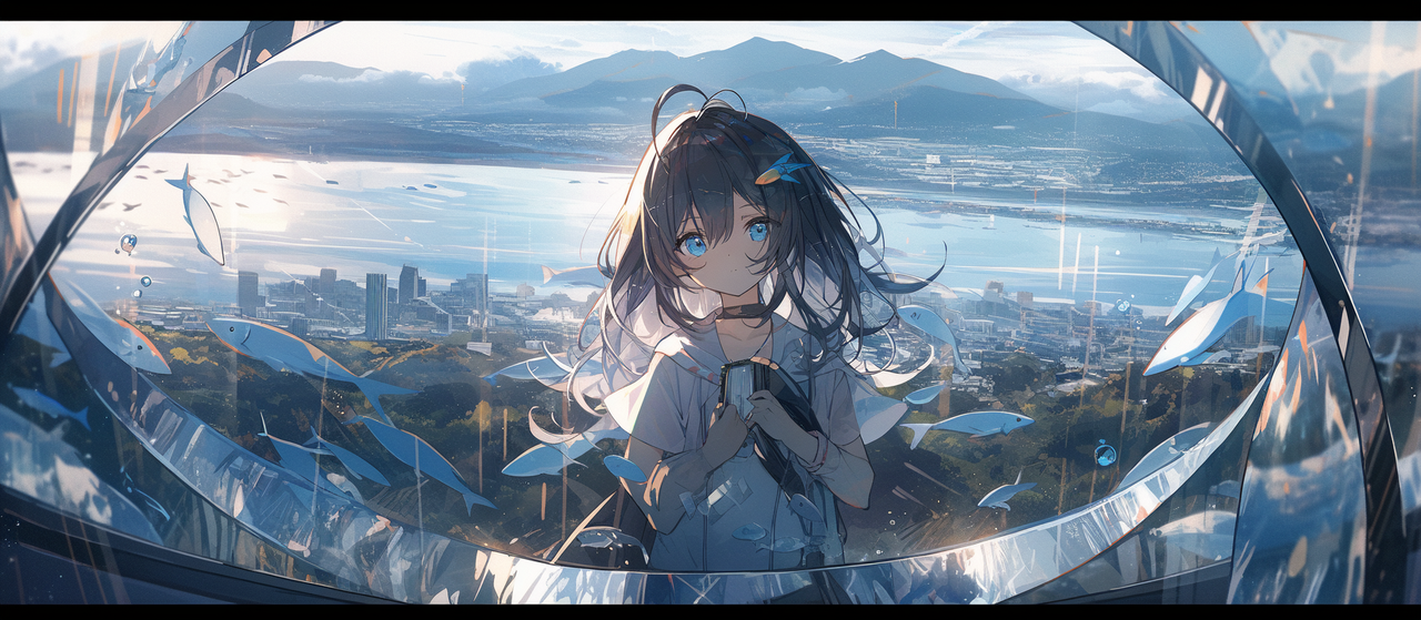 __Transparent_sea_and_city_girl_reflected_in_prism_fisheye_lens_3e8821f2-9949-4b38-9738-1481b0494234