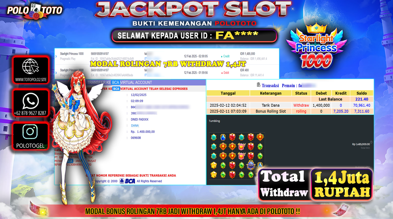 POLOTOTO JACKPOT SLOT STARLIGHT PRINCESS 1000 Rp.1.400.000,-
