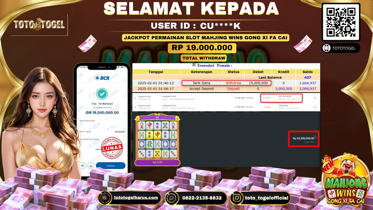 Bukti Pembayaran Jackpot  Permainan Slot Mahjong Wins Gong Xi Fa Cai  ID:CU****K LUNAS