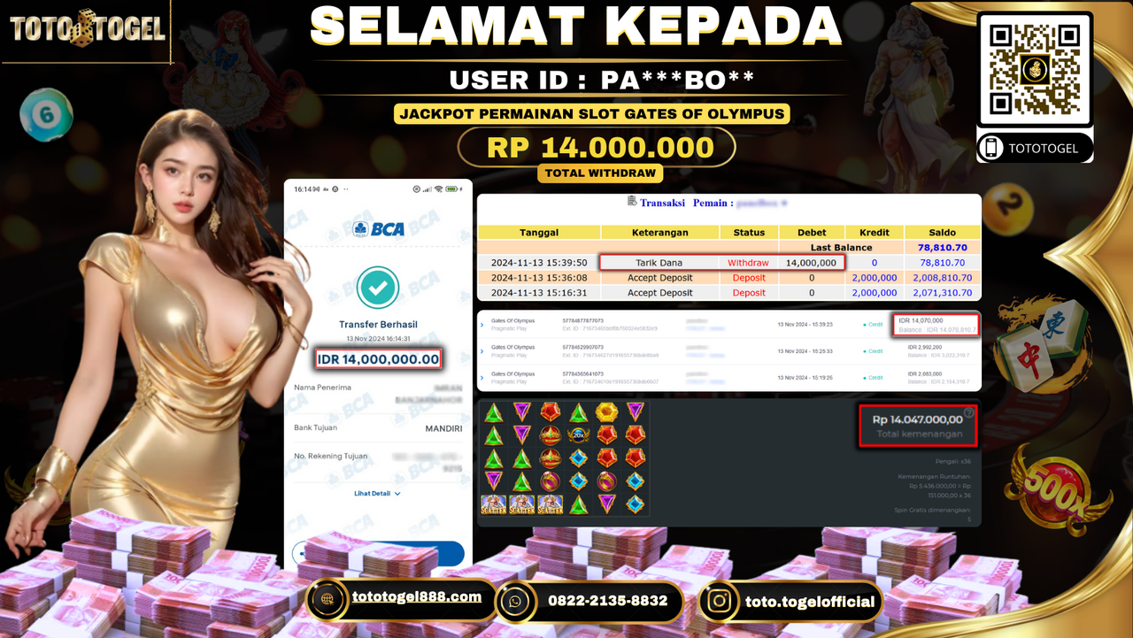 Bukti Pembayaran Jackpot Permainan Slot Gates Of Olympus ID: PA***BO** LUNAS 