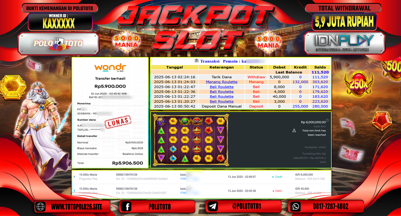 POLOTOTO JACKPOT SLOT 15.000X MANIA Rp.5.900.000,-