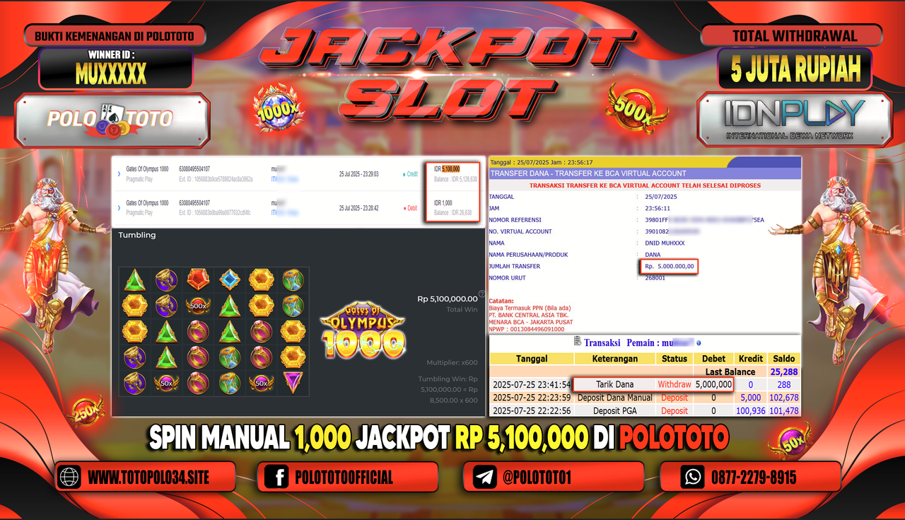 POLOTOTO JACKPOT SLOT GATES OF OLYMPUS 1000 Rp.5.000.000,-LUNAS