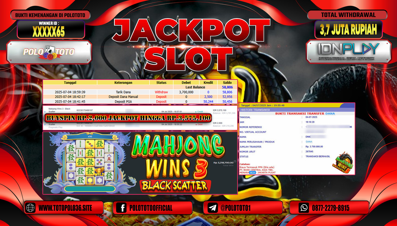POLOTOTO JACKPOT SLOT MAHJONG WINS 3 - BLACK SCATTER Rp.3.700.000,- LUNAS