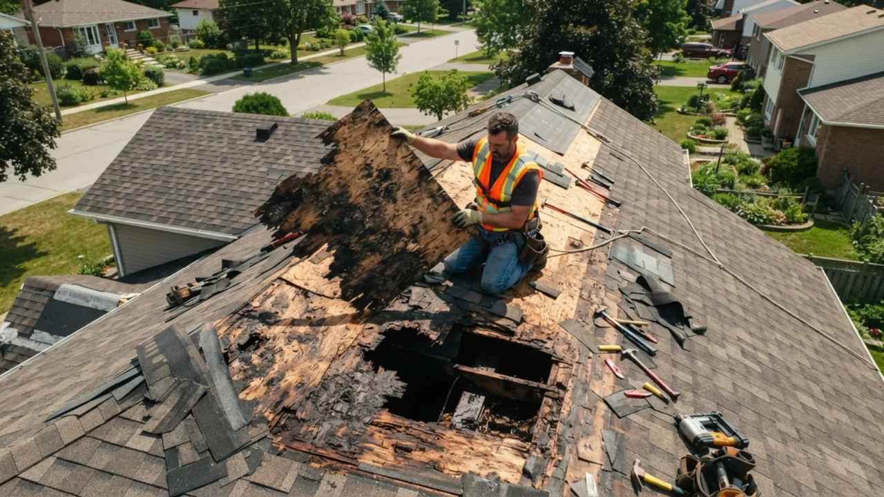 Roofing contractor discovering rotted plywood decking and moisture damage after removing existing asphalt shingles before metal roof installation
