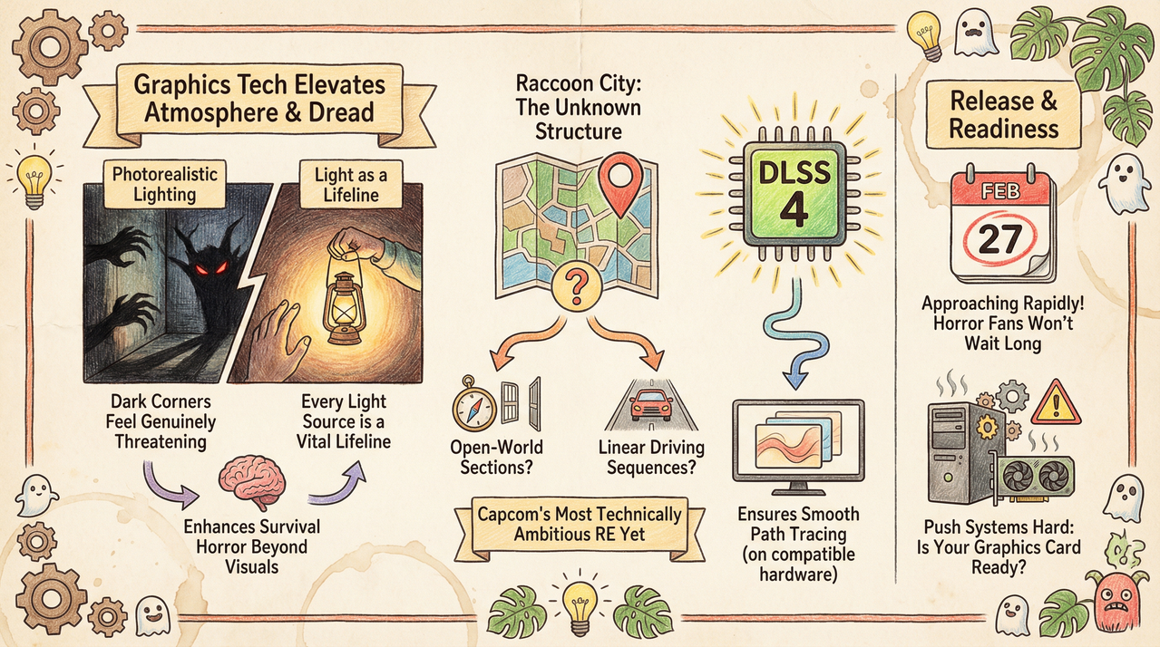 Resident Evil Requiem Gets Path Traced Raccoon City and It Looks Absolutely Terrifying 1 Dark horror gaming atmosphere with dramatic lighting effects
