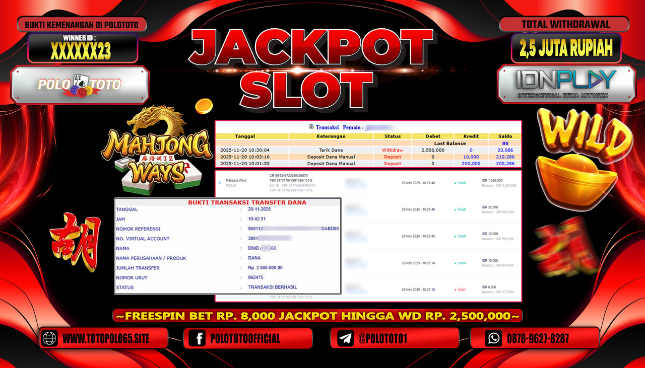 POLOTOTO JACKPOT SLOT MAHJONG WAYS Rp.2.500.000,- LUNAS