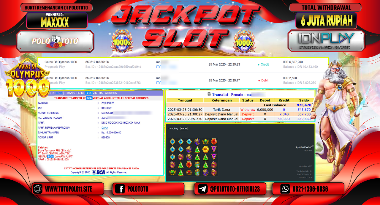POLOTOTO JACKPOT SLOT GATES OF OLYMPUS 1000 Rp.6.000.000,- LUNAS