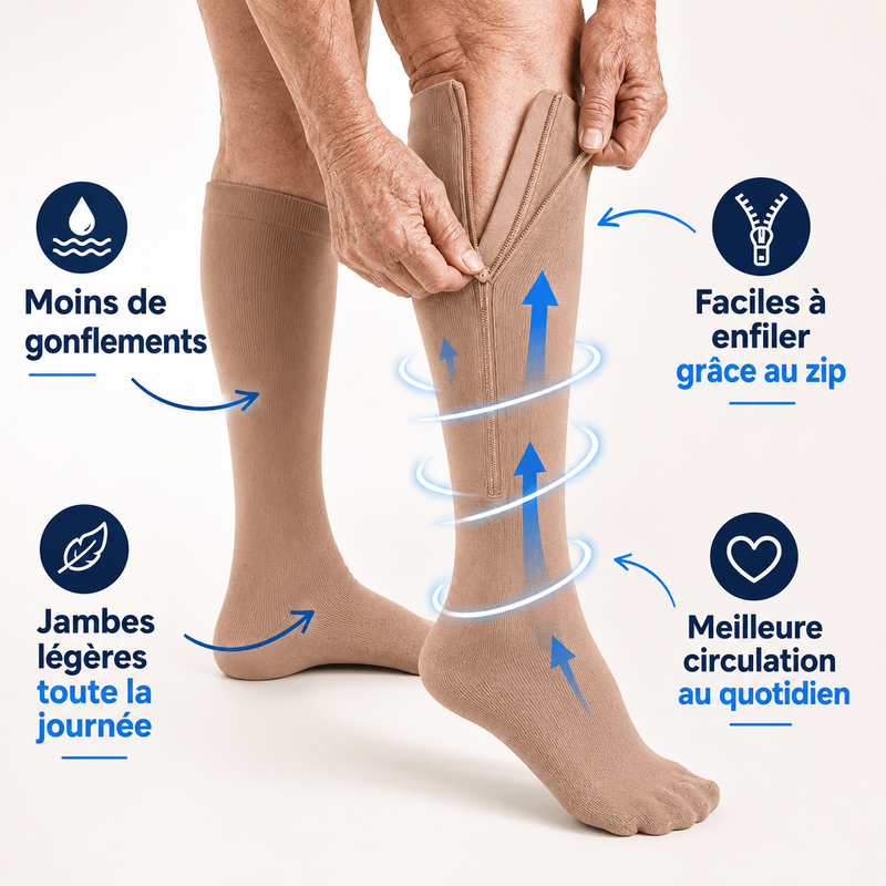 Personne enfilant ses bas de contention zippés facilement