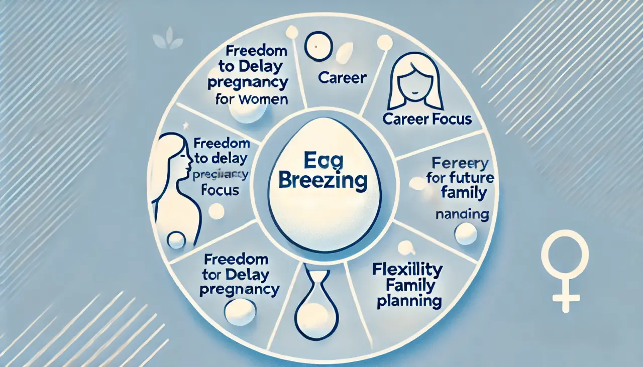 Visual showing benefits of egg freezing for women, such as delayed pregnancy and career flexibility.