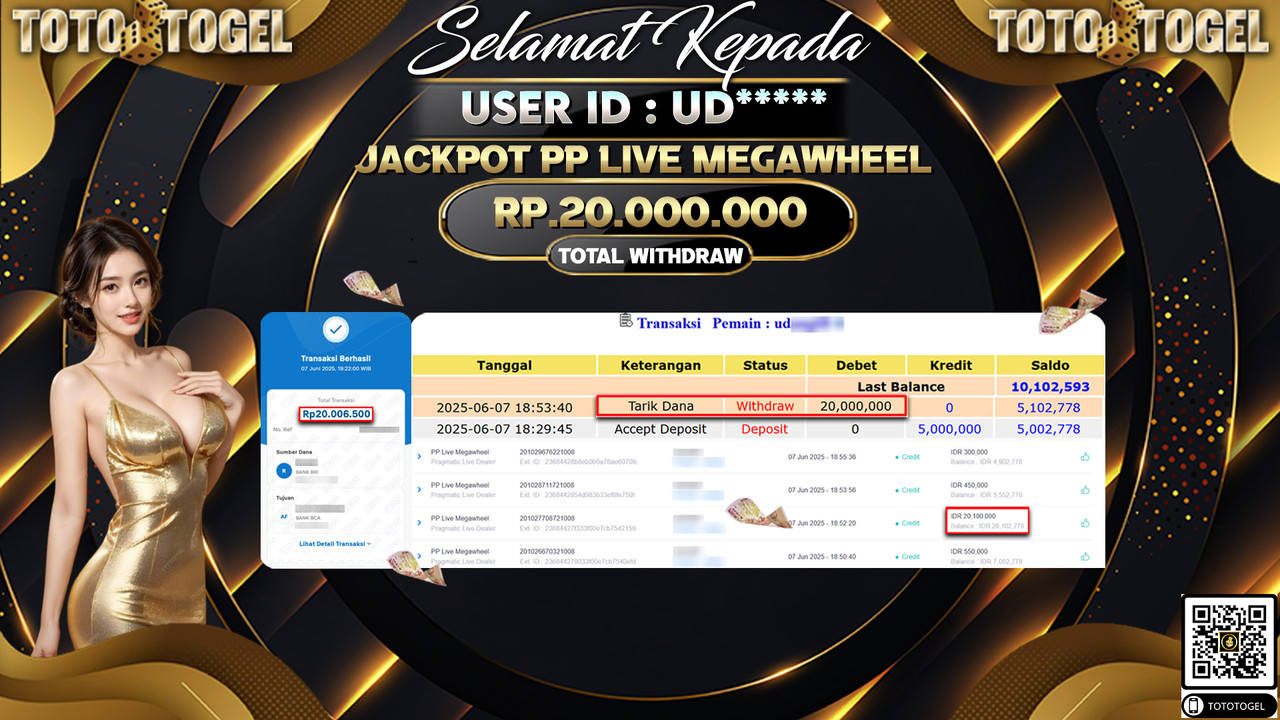 Bukti Pembayaran Jackpot Permainan Live Game PP LIVE Megawheel ID:UD***** LUNAS