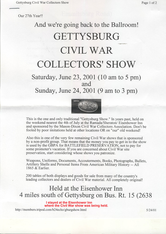 Gettysburg Civil War Collector's  Show  June 23 and 24th 2001
