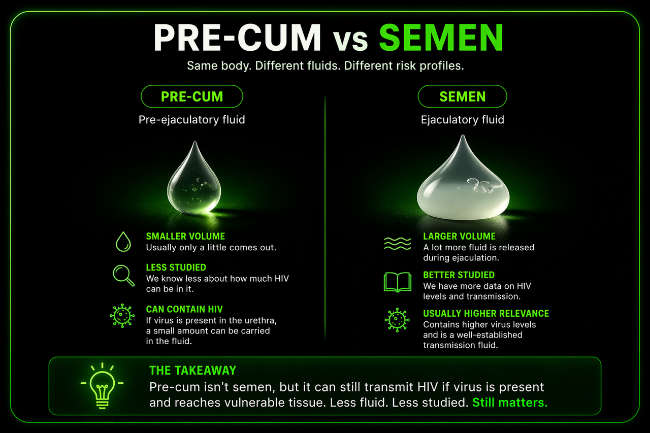 Infographic comparing pre-cum and semen, showing that pre-cum is smaller in volume and less studied, while semen is larger in volume and better studied for HIV transmission relevance.