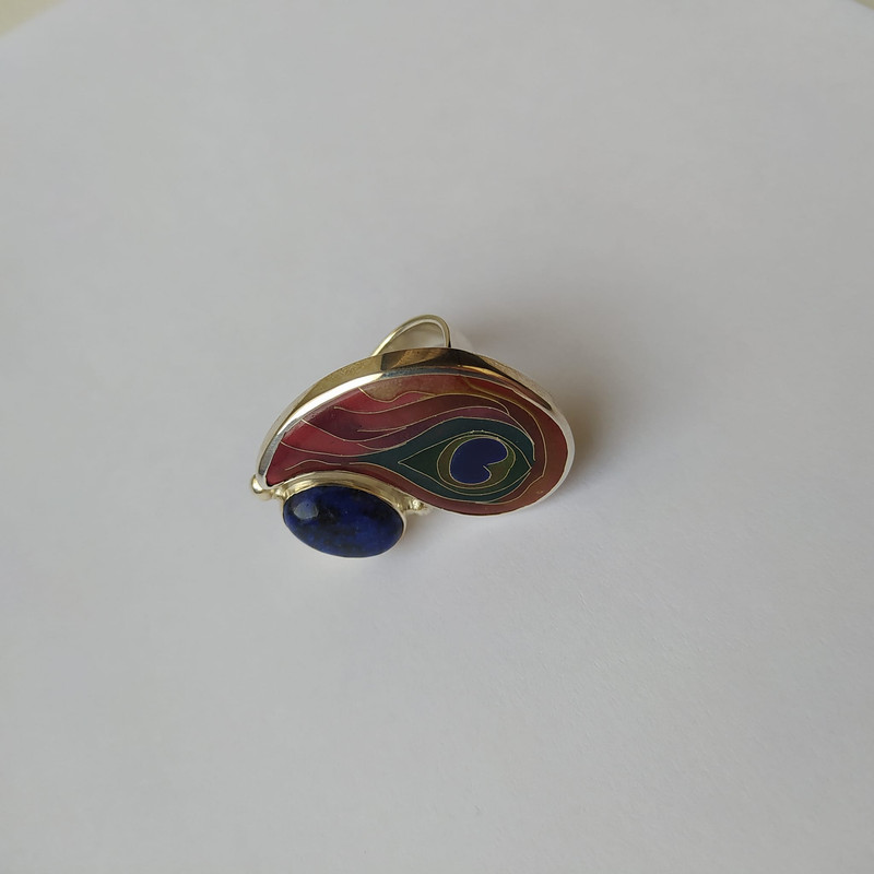 Minankari Ring Peacock Feather, Sterling Silver Lapis Lazuli, from Tbilisi - handmade cloisonne enamel