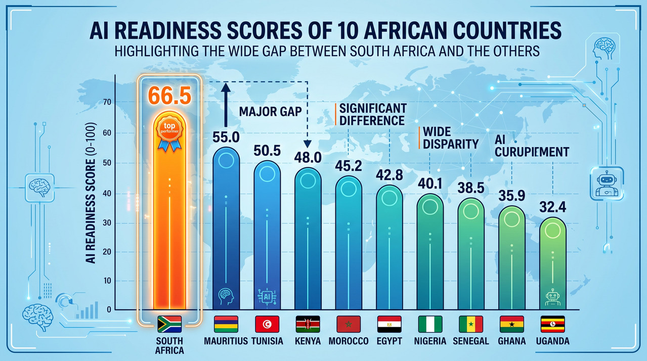 A vertical bar chart showing the AI readiness scores of African countries