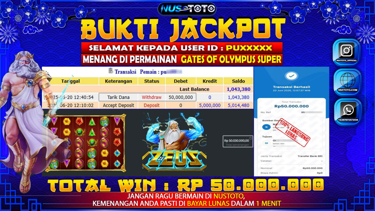 JACKPOT !! MENANG BESAR DI SLOT GATES OF OLYMPUS SUPER SCATTER Rp. 50.00.000 LANGSUNG DI BAYAR LUNAS NUSTOTO !!
