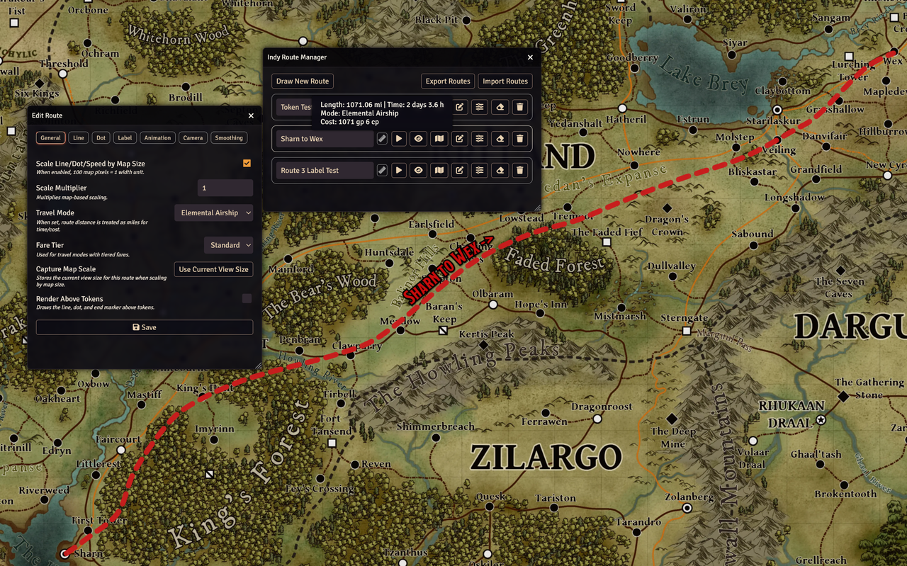 Route showing label and calculated cost