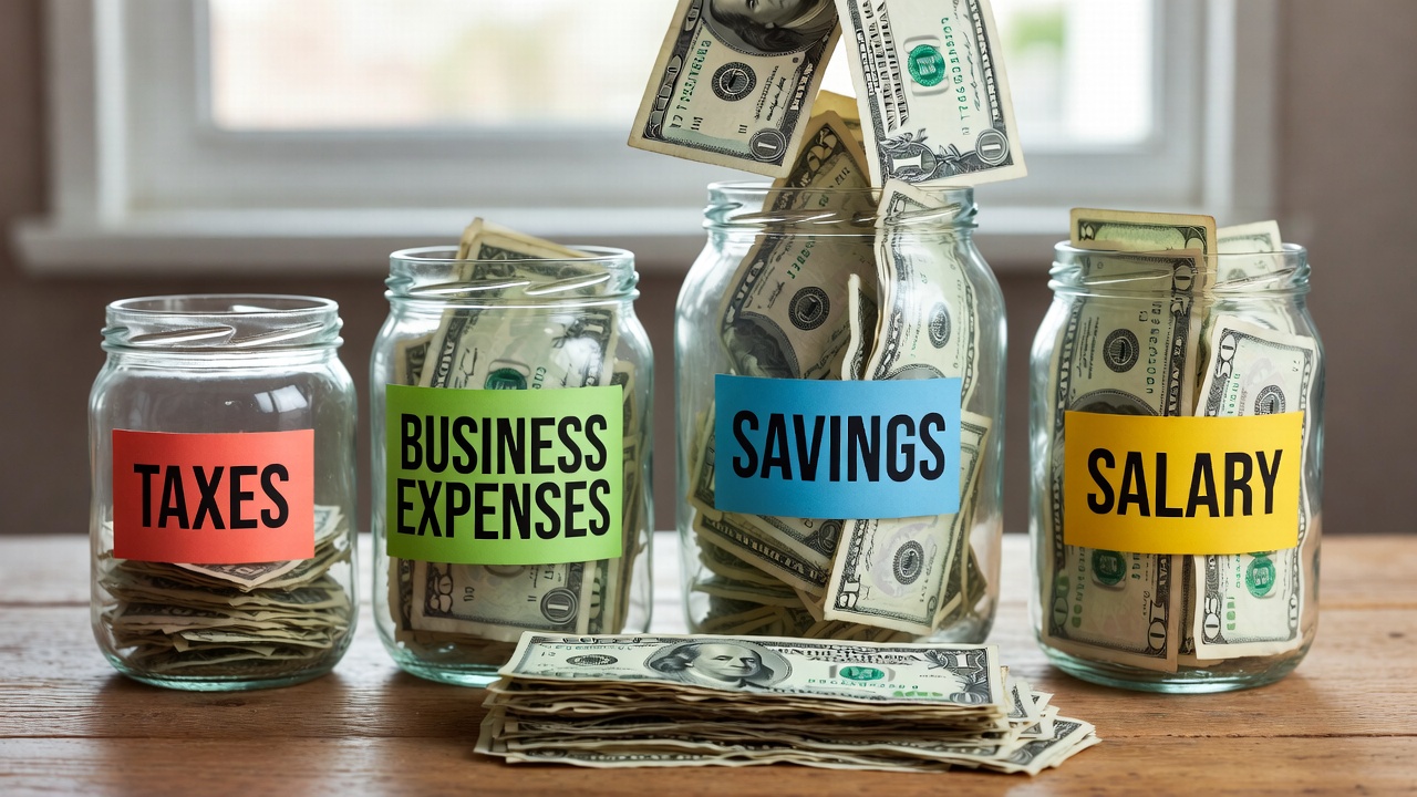 A visual of money being split into jars for taxes, business expenses, savings, and salary