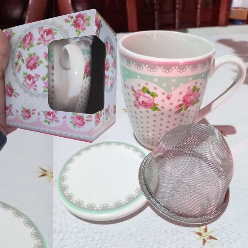 Conjunto Caneca com Tampa e Filtro de Porcelana Amelia Lyor Rosa/ Branco