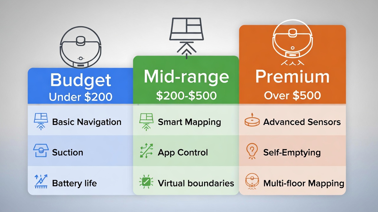 Chart showing robot vacuum features at different price points from budget to premium