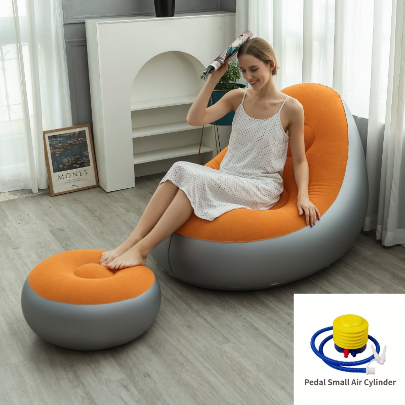 Orange Inflatable Flocked Lounge Chair & Ottoman Set with Foot Pump - Portable Ergonomic S-shaped Air Lounger for Indoor & Outdoor