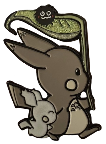 an enamel pin of a pikachu and pichu walking, stylized to look like totoro wth coloring. the pikachu is also holding a leaf umbrella with a dust bunny on it how totoro does in the film