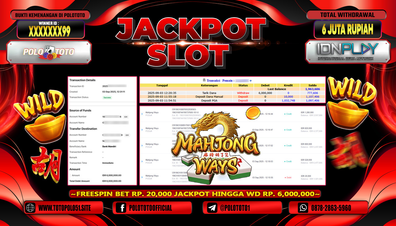 POLOTOTO JACKPOT SLOT MAHJONG WAYS Rp.6.000.000,-