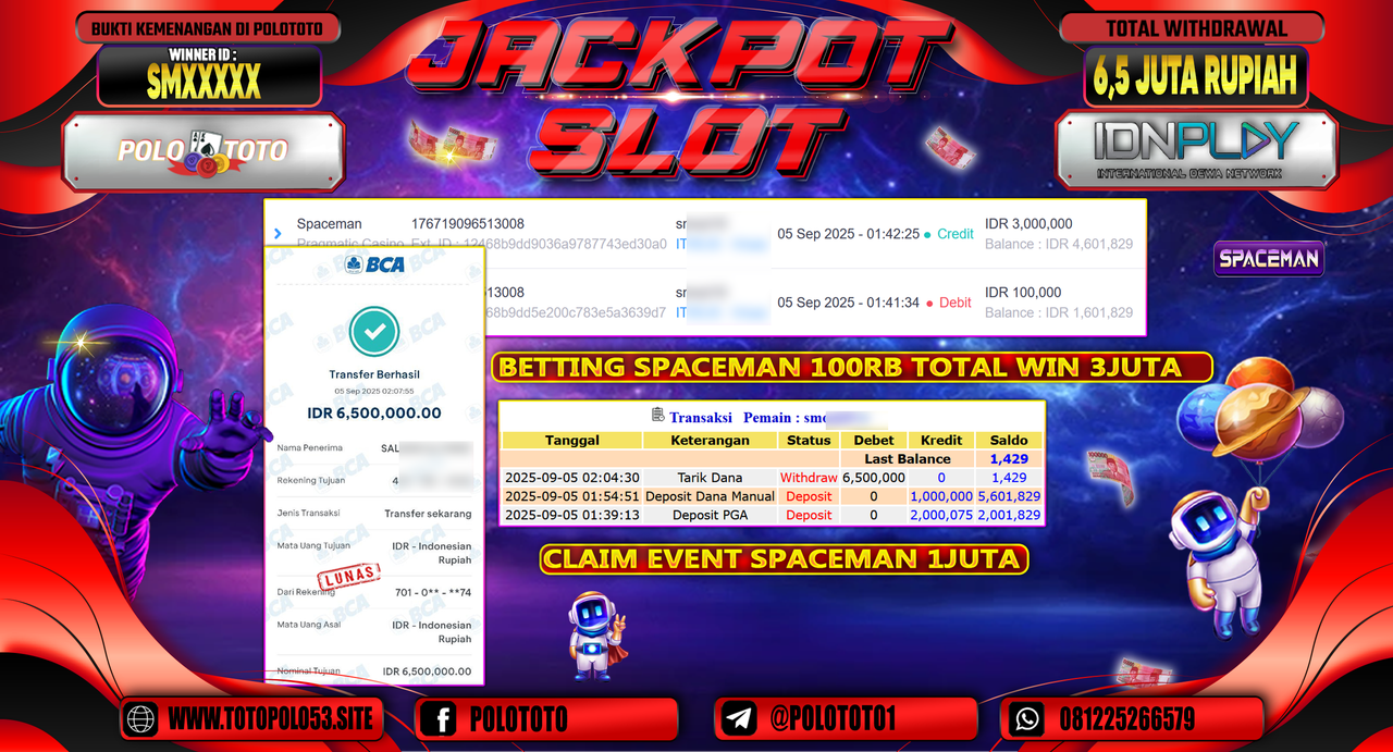 POLOTOTO JACKPOT SLOT SPACEMAN Rp.6.500.000,-