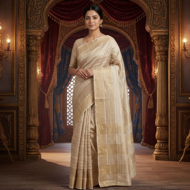 Women's Gheecha Silk Saree with Stripe Pattern & Unstitched Blouse Piece