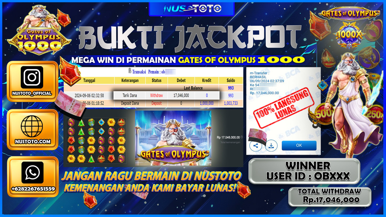 MAXWIN !! MENANG BESAR DI GAME GATES OF OLYMPUS 1000 SENILAI Rp. 17.046.000 LANGSUNG DI BAYAR LUNAS NUSTOTO !!