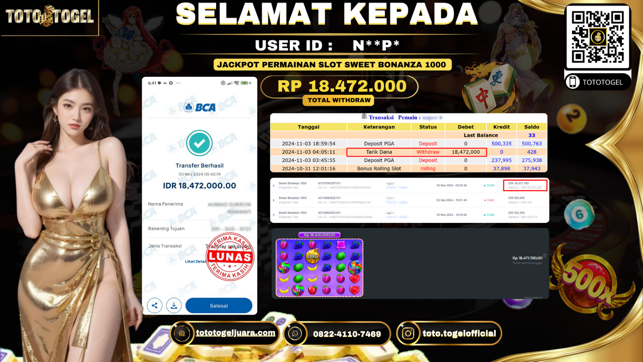Bukti Pembayaran Jackpot Permainan Slot Sweet Bonanza 1000 ID:N**P* LUNAS 