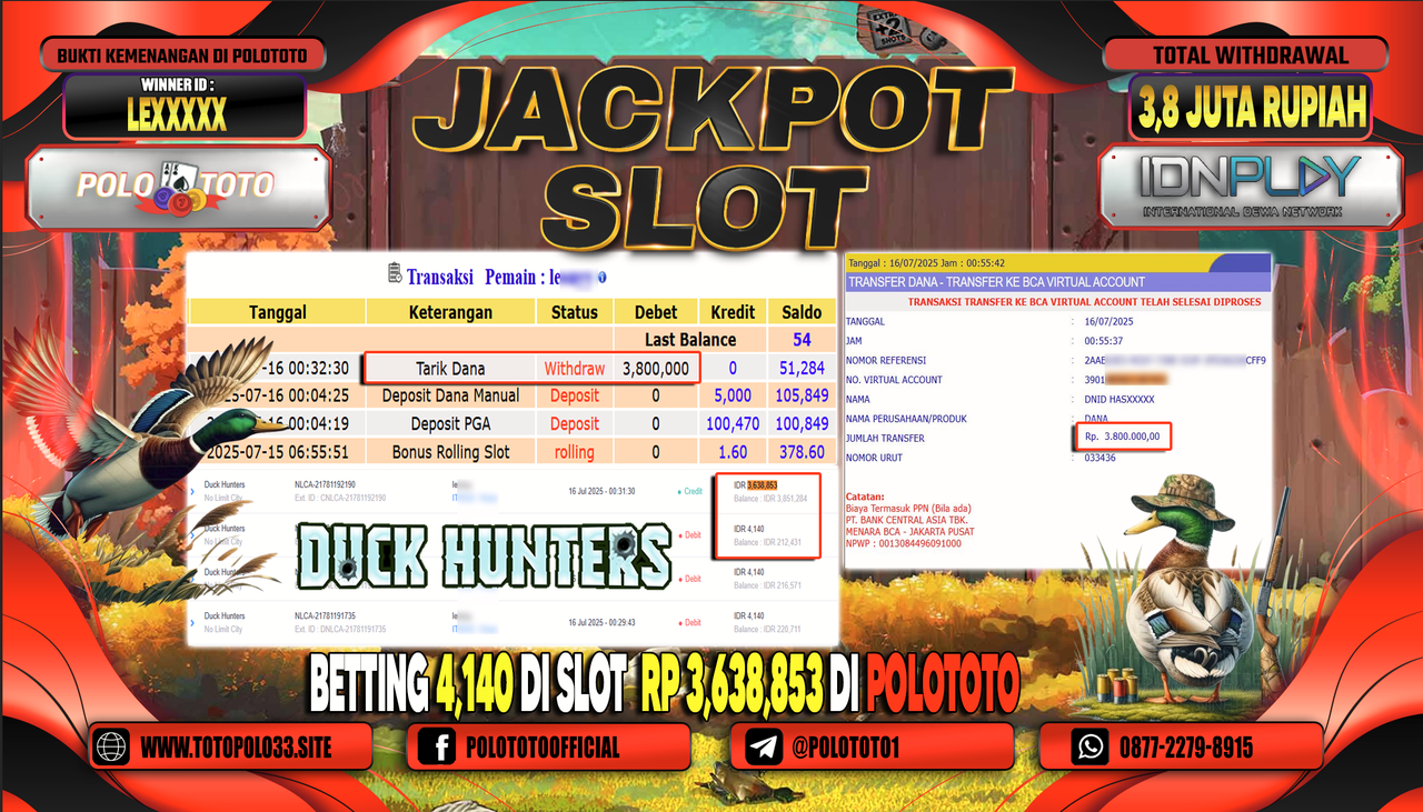 POLOTOTO JACKPOT SLOT DUCK HUNTERS Rp.3.800.000,- LUNAS