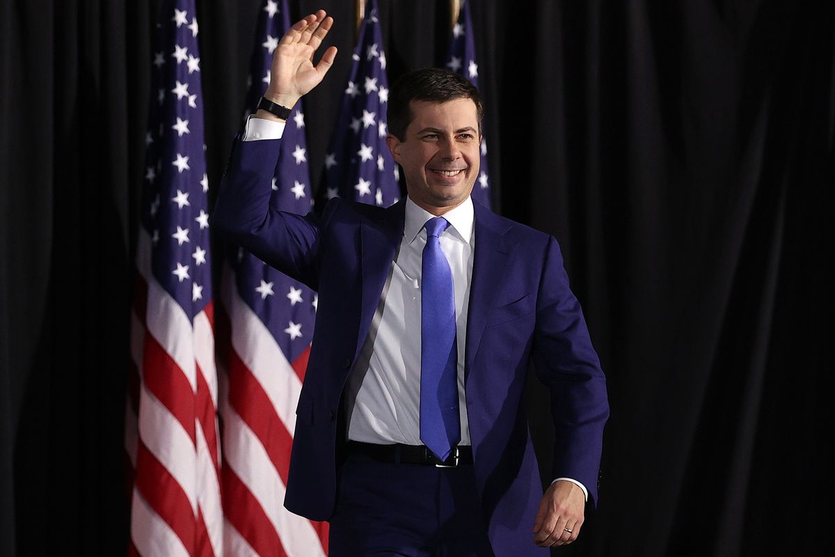 Pete Buttigieg at a watch party at Drake University in Des Moines Iowa