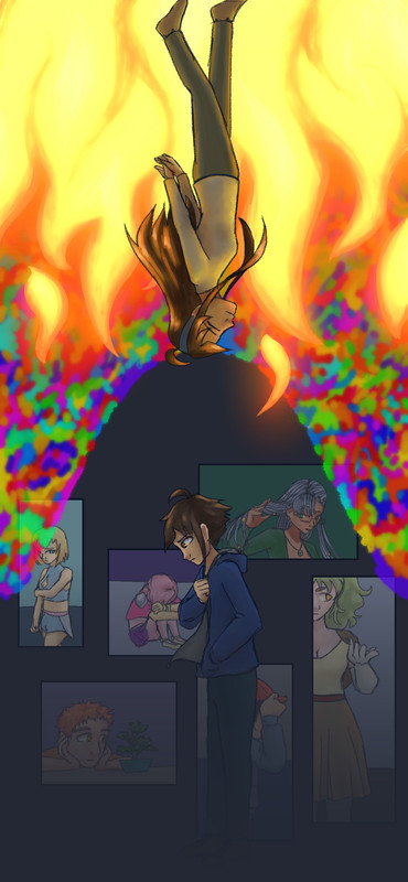 A tall and narrow digital drawing of the full cast in various situations. At the top, Dia is standing upside down, backlit by a wall of flame, behind which are a pair of multicolored wings that belong to the Corrupted Angel. At the bottom of the screen, Cass stands, looking down in contemplation. Behind him, several window-like images float in a collage, including Ome looking chagrined, Beryl hugging her knees, Sorrel happily looking at a bonsai tree, Torai flicking her hair, Saffron looking to the side in suspicion, and Aura, covered largely by Cass' body.