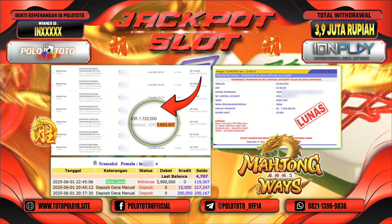 POLOTOTO JACKPOT SLOT MAHJONG WAYS Rp.3.900.000,-