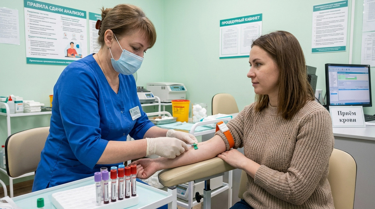 Медицинская сестра берет кровь из вены у пациентки в процедурном кабинете