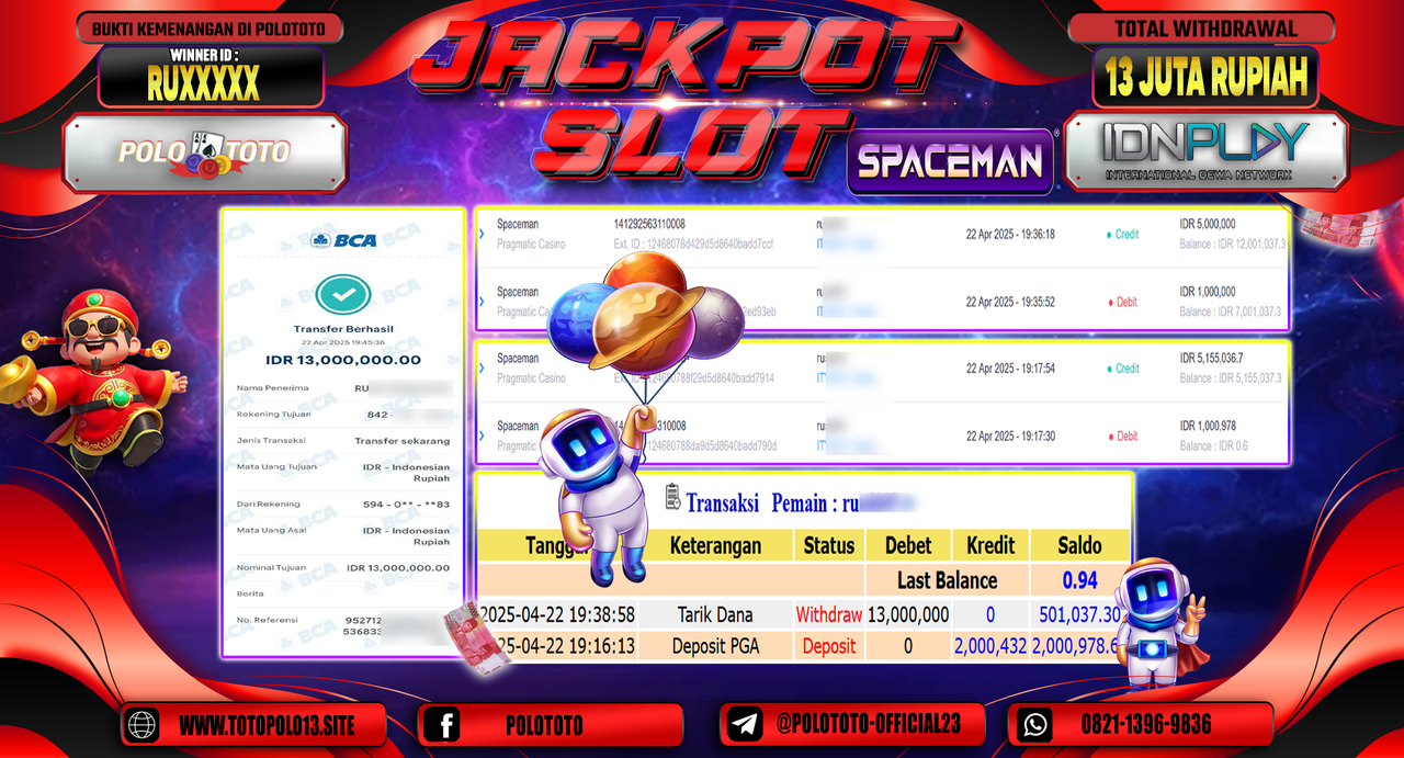 POLOTOTO JACKPOT SLOT SPACEMAN Rp.13.000.000,-