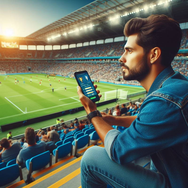 man in a football stadium watching a match holding phone using betting app