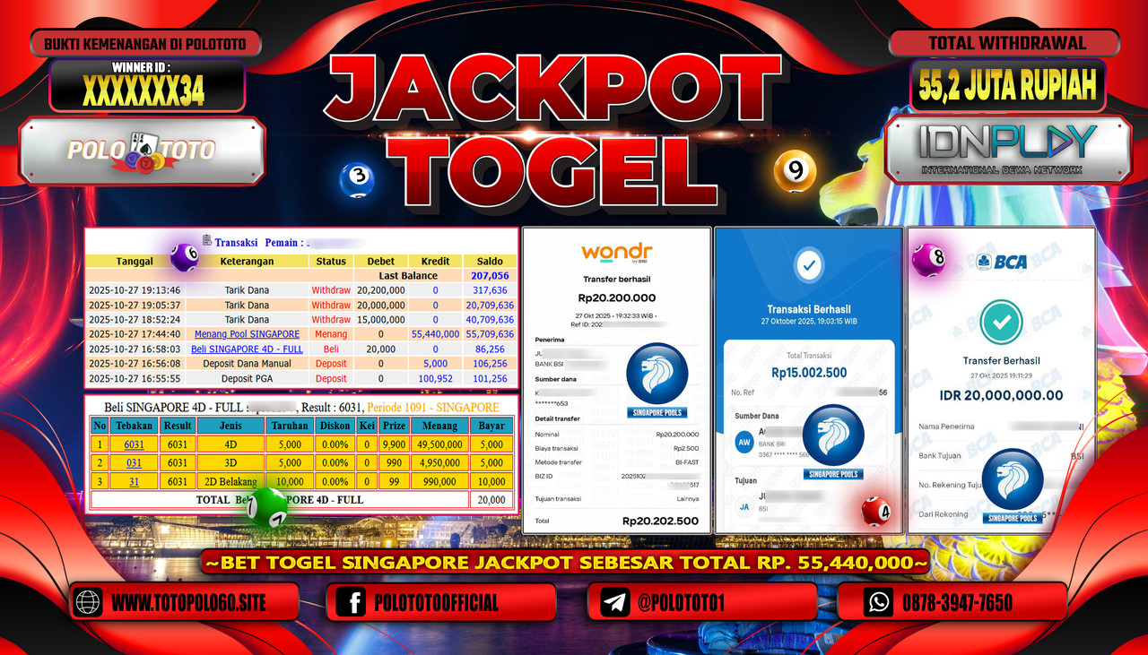 POLOTOTO JACKPOT TOGEL MENANG POOL SINGAPORE Rp.55.200.000,- LUNAS