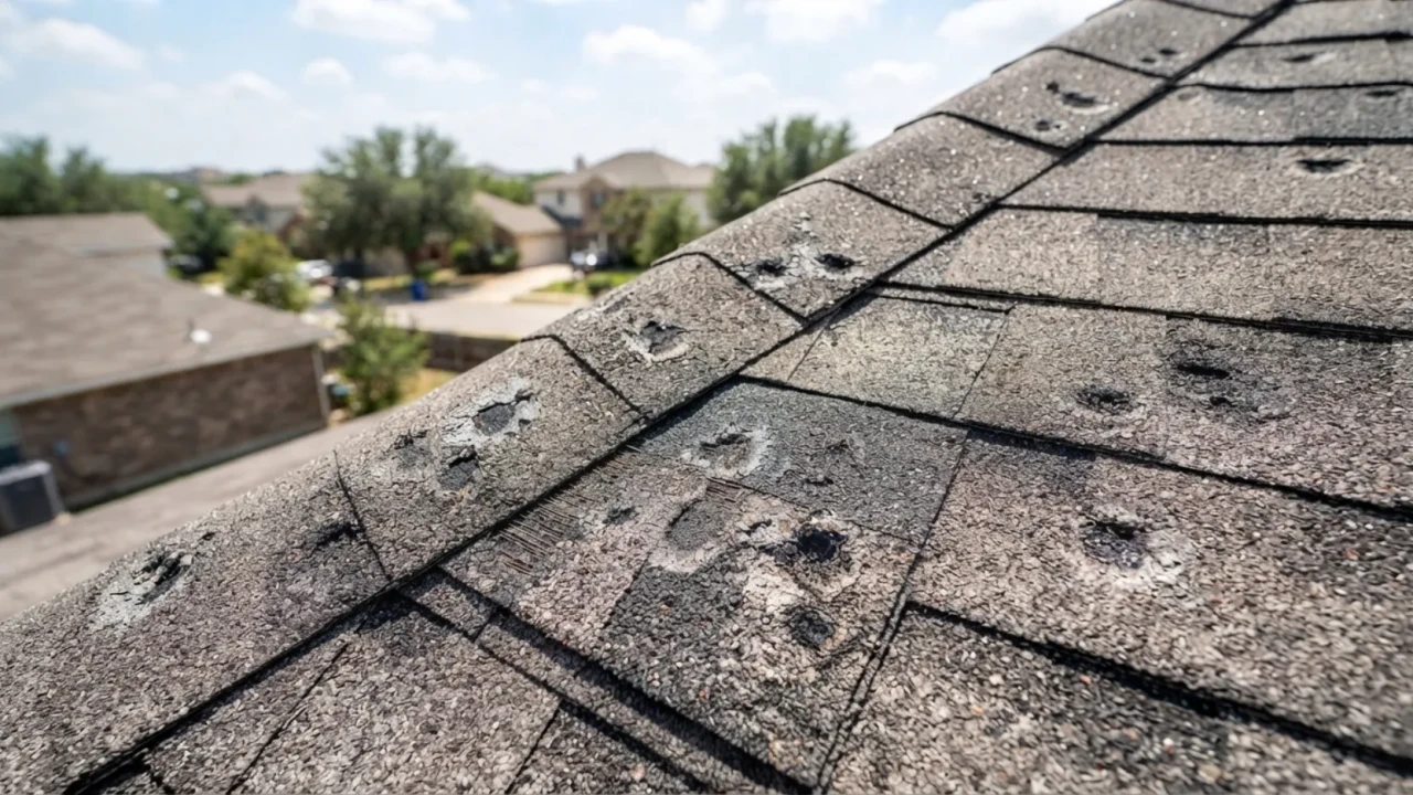 Asphalt shingles showing hail damage granule loss San Antonio Texas
