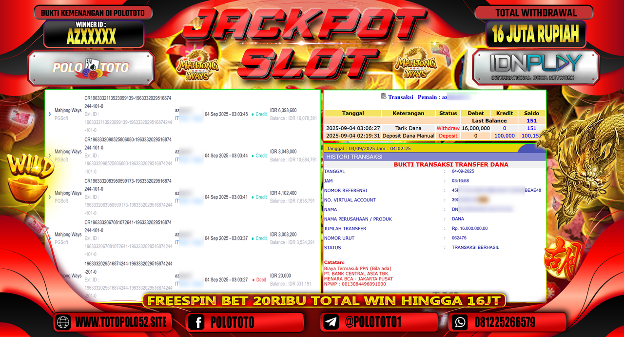 POLOTOTO JACKPOT SLOT MAHJONG WAYS Rp.16.000.000,-